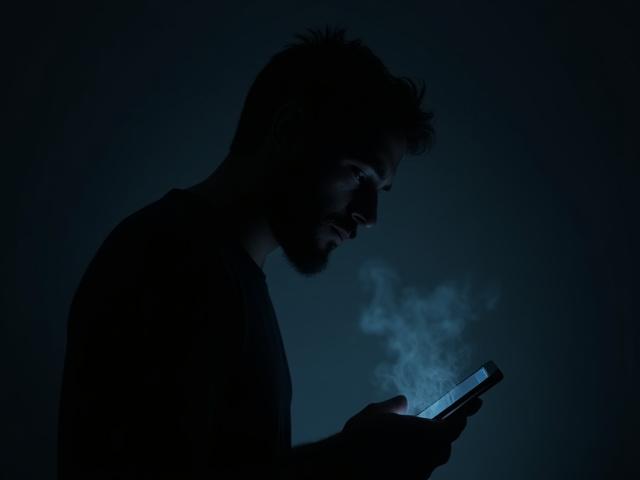 A person's silhouette illuminated by the glow of a phone screen, with subtle swirling patterns around their head indicating mental agitation or an information overload, symbolizing doomscrolling.