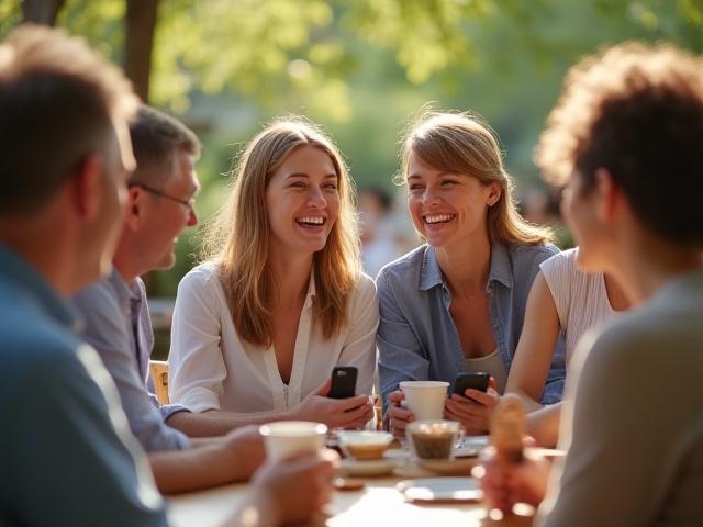 A vibrant, inclusive group of adults engaging with each other happily, some using phones mindfully to share experiences rather than passively consume, representing healthy social media use.