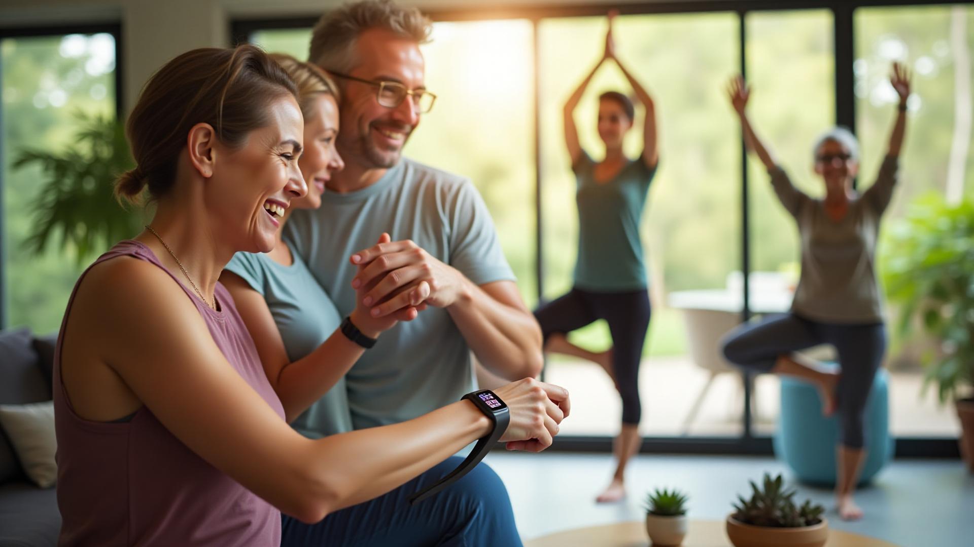 Diverse group of adults over 35 smiling and actively engaged in a serene, modern wellness setting, subtly interacting with health tech.